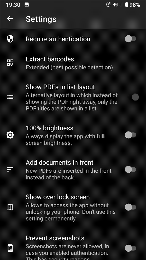 PDF Wallet’s options