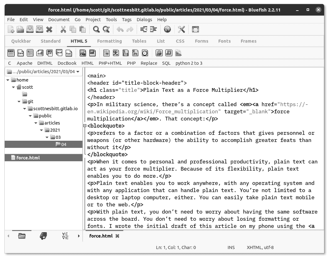 Editing an HTML file with Bluefish