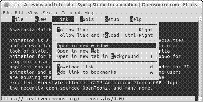 Menus in the ELinks browser