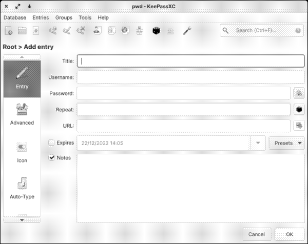 Adding a password in KeePassXC