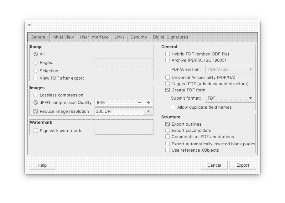 Exporting a book to PDF in LibreOffice Writer