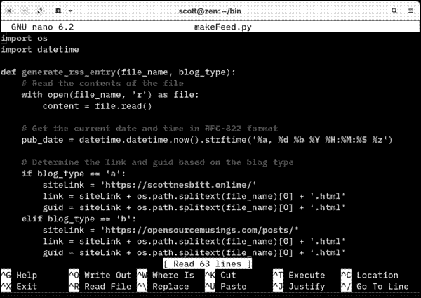 nano, editing a Python script