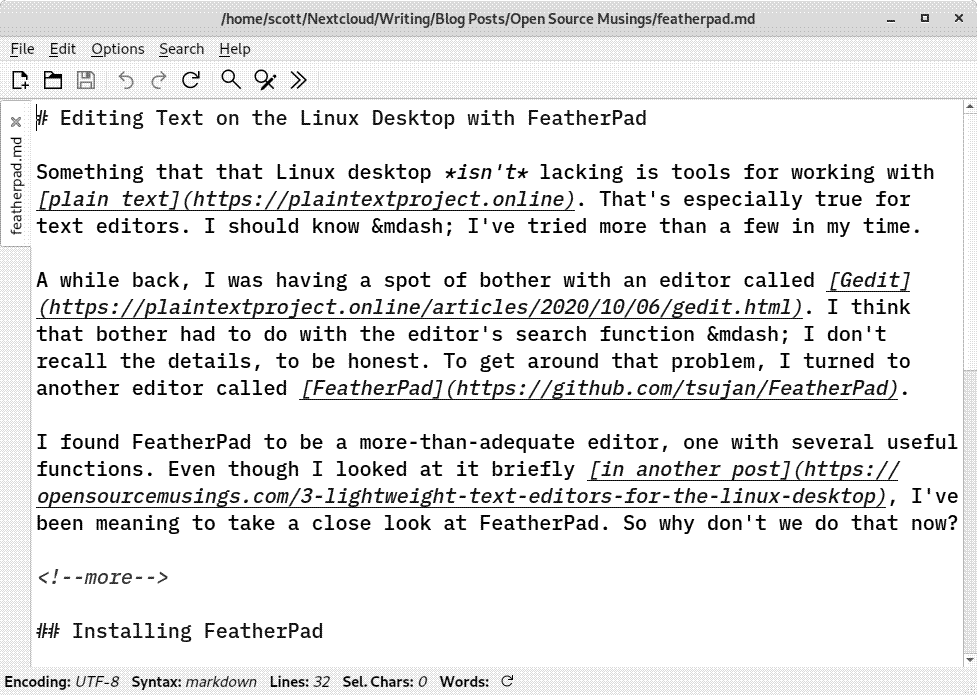 Editing a text file in FeatherPad