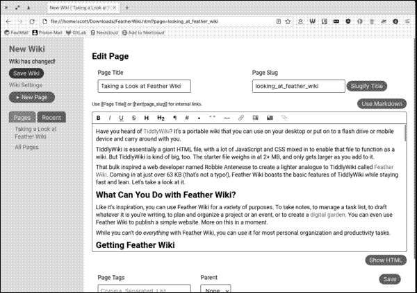 Editing a page in Feather Wiki