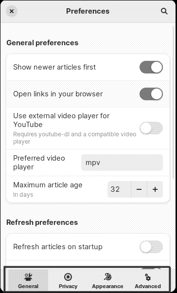 Setting preferences in Feeds