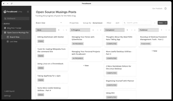 A kanban board in use in Focalboard