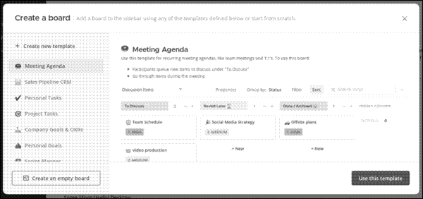 Choosing a template to use with Focalboard
