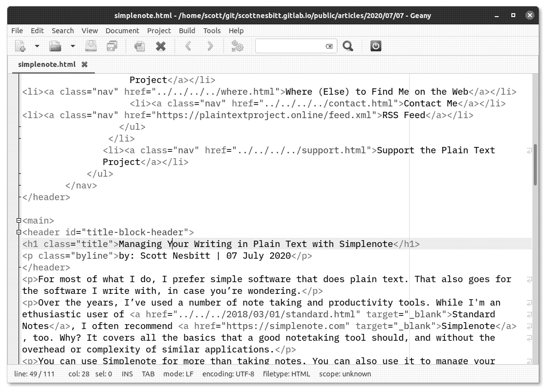 A file in Geany with syntax highlighting