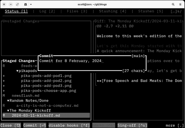 Writing a commit message in GitUI