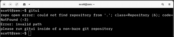 The error that displays when you run GitUI in a folder that’s not a Git repo