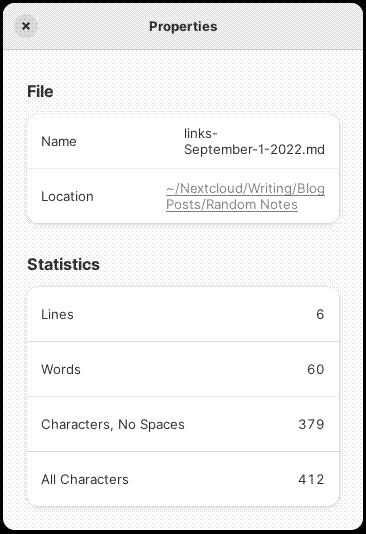 Document properties window in Text Editor