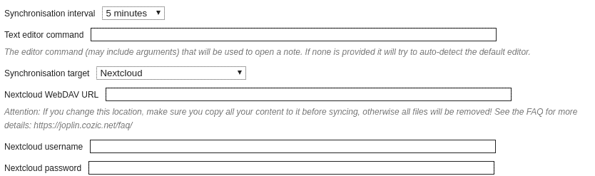 Joplin’s synchronization settings