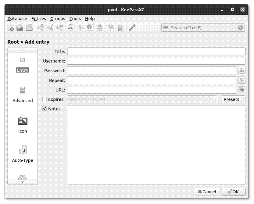 Adding a password to KeePassXC