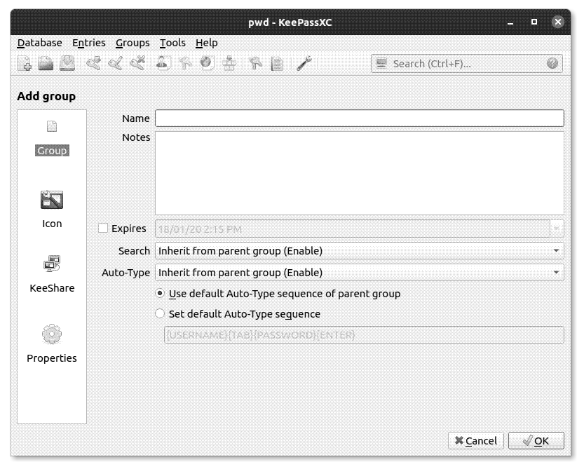 Adding a password group to KeePassXC