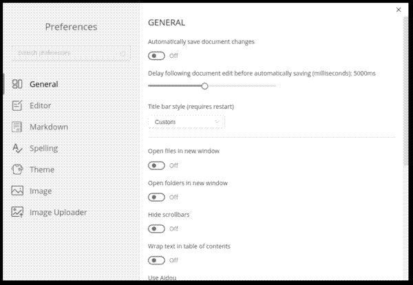 Mark Text’s preferences screen