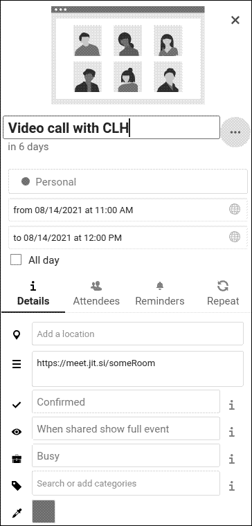 Details pane in Nextcloud Calendar