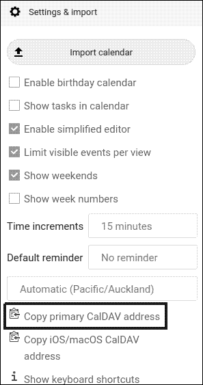 Copying CalDAV settings in Nextcloud Calendar