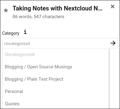 Selecting a category for a note in Nextcloud Notes
