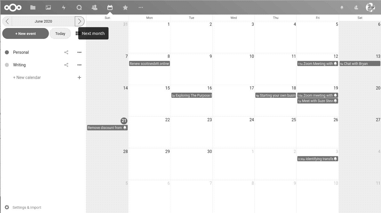 An example of my calendar in Nextcloud