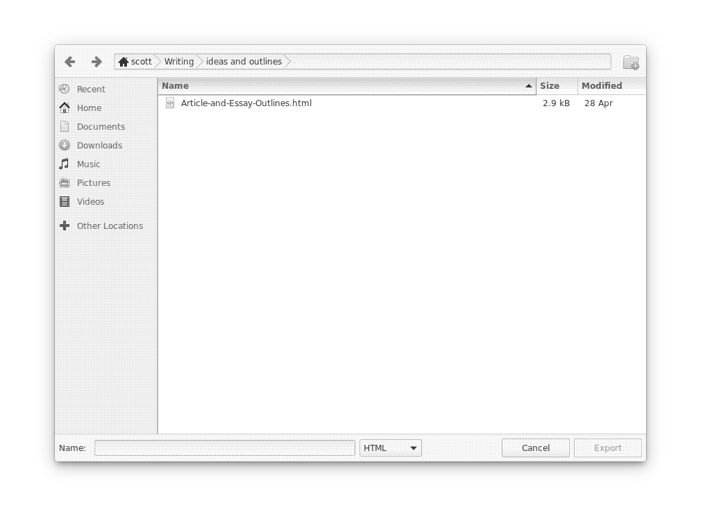 Getting ready to export an outline from Outliner
