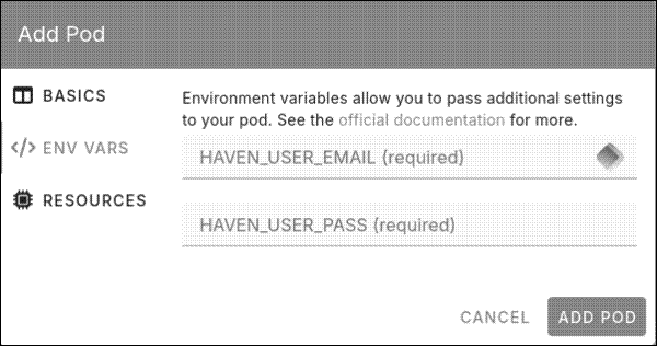 The second part of setting up a pod in PikaPods