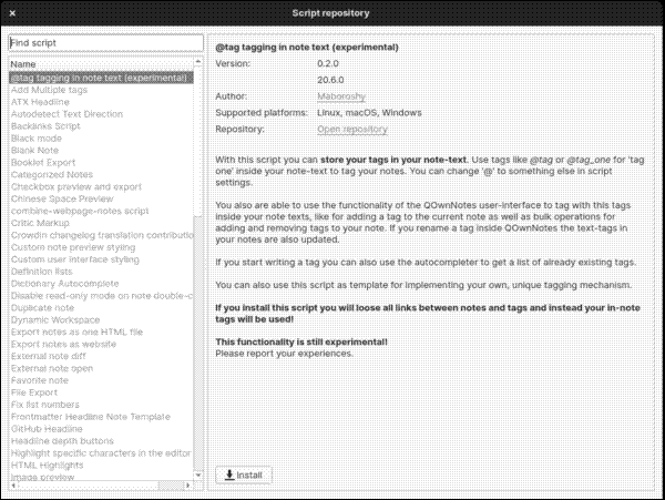 The selection of scripts that you can install in QOwnNotes