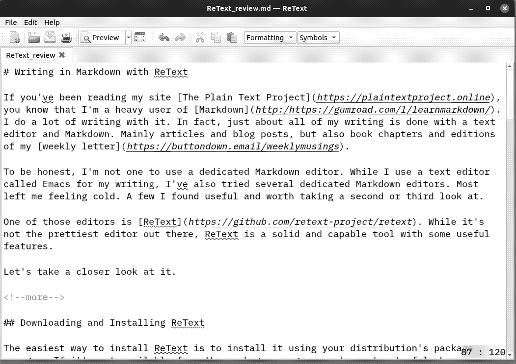 Editing a document in ReText