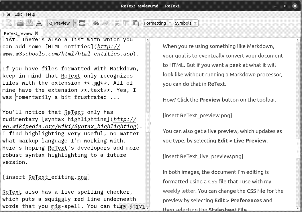 A live preview of a document in ReText