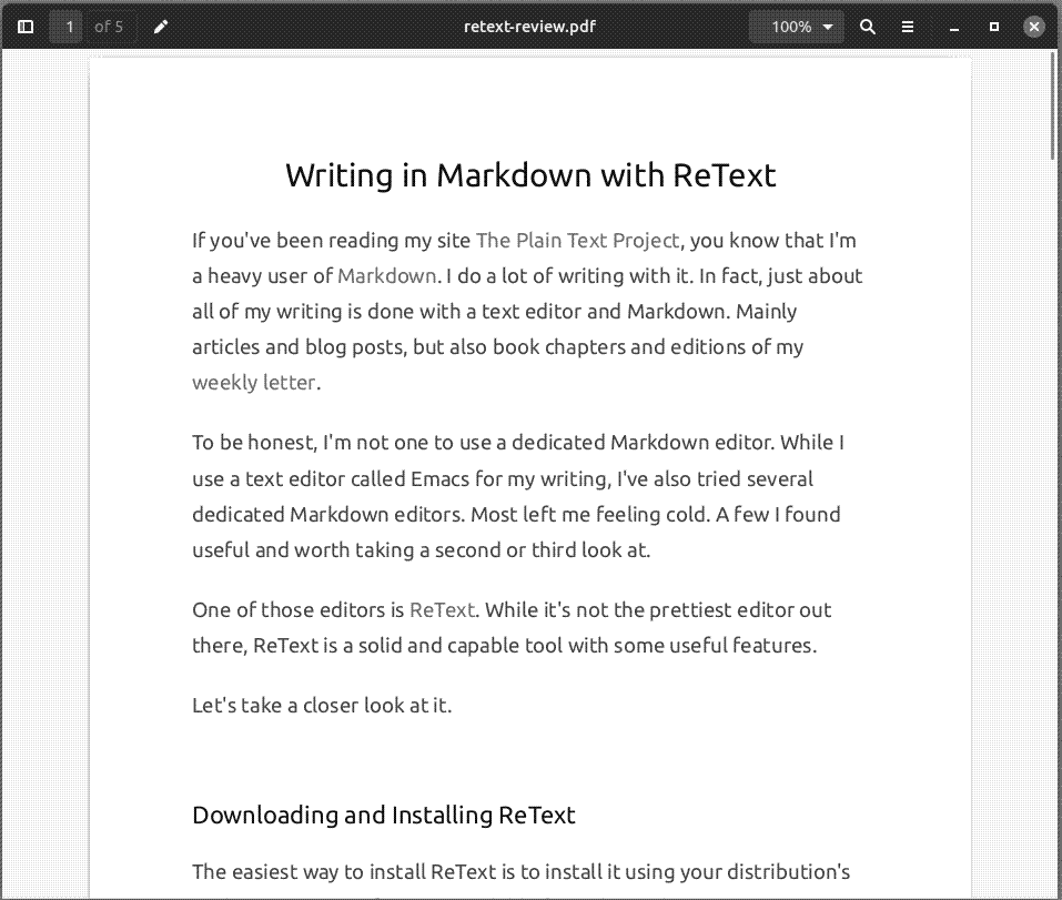 A PDF file exported from ReText