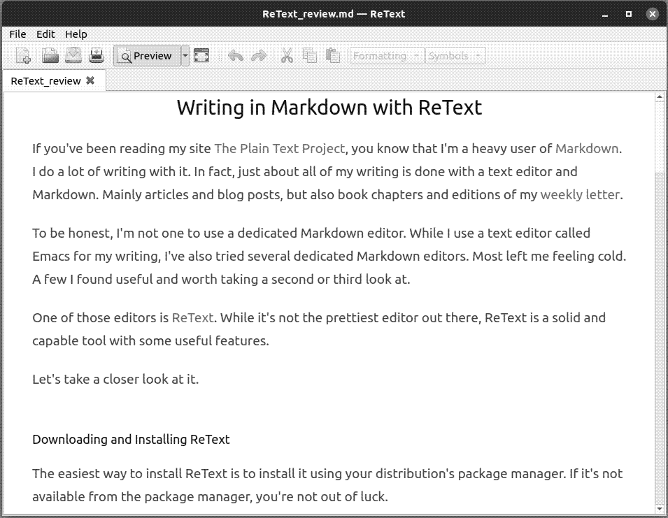 Previewing a document in ReText
