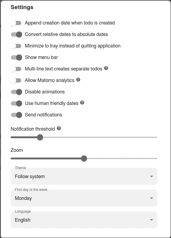 Settings in Sleek