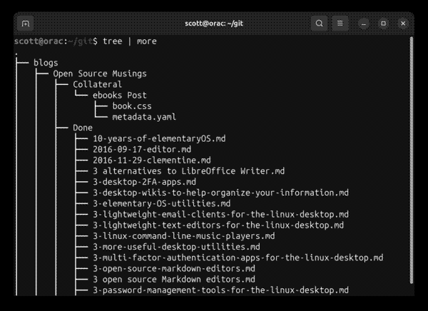 tree’s output paged using | more