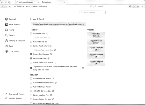 Changing Waterfox’s look and feel