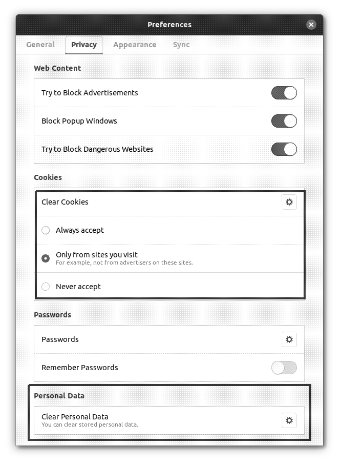Web’s privacy settings